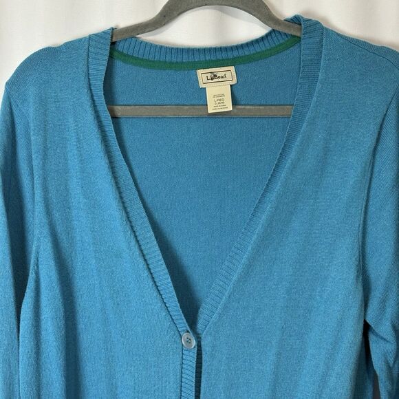 LL Bean Cardigan Sweater Cotton Cashmere Blend Bright Turquoise Size Large-Reg. - Picture 2 of 7